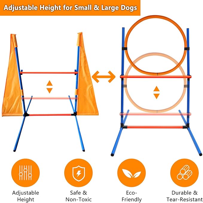 Premium Dog Agility Training Set Outdoor Indoor Game, Tire Jump + Hurdle Jump, Tunnel, Weave Poles, Pause, 2 Toy Balls, 2 Discs, 1 Whistle, 1 Bag, 2 Training Clicker Backyard Dog Obstacle Course Kit