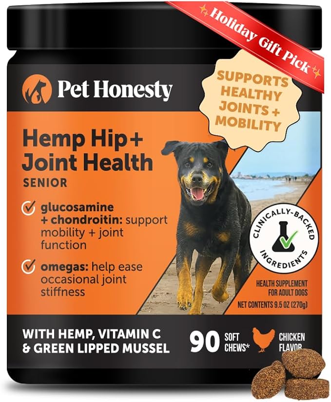 Senior Hemp Hip & Joint Supplement for Dogs - Dog Joint Supplement with Hemp Oil & Powder, Glucosamine, Collagen, MSM & Green Lipped Mussel - Mobility for Senior Dogs (Chicken 90)