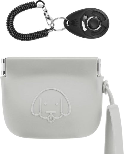 WALLFID Silicone Dog Treat Pouch Small Bag,Auto Closure,with Pet Training Clicker,Walking Bag for Dog and Cat,Pocket Size,Easy to Clean,Odorless (light grey)