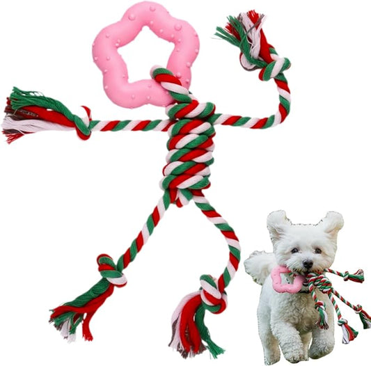 Christmas Puppy Teething Toy for Small & Medium Dogs (20–65lbs), TPR + Cotton Rope Chew Toy for Aggressive Chewers, Indoor & Outdoor Teeth Cleaning Toy for 2–12 Month Dog