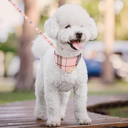 KOOLTAIL Pink Girl Dog Collar and Leash Set for Small Dogs with Bowtie and Bells - Puppy Collar and Leash with Classic Plaid Matching Pattern, Soft Leather Tangle Free Leashes for Small Dogs
