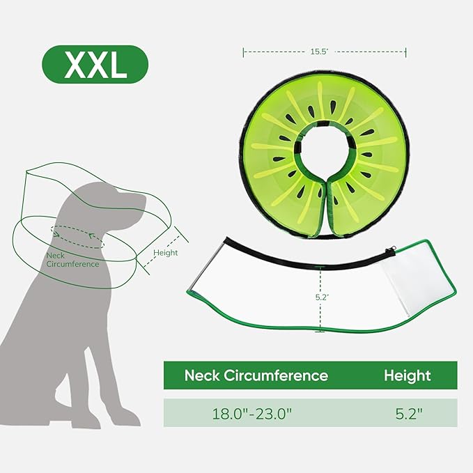 Raised Inflatable Dog Cone After Surgery - Adjustable Recovery Donut Collar with Neck Strap and Removable Anti-Licking Shield - Soft Dog Cone Alternative for Small Medium Large Dogs (Kiwi,XXL)