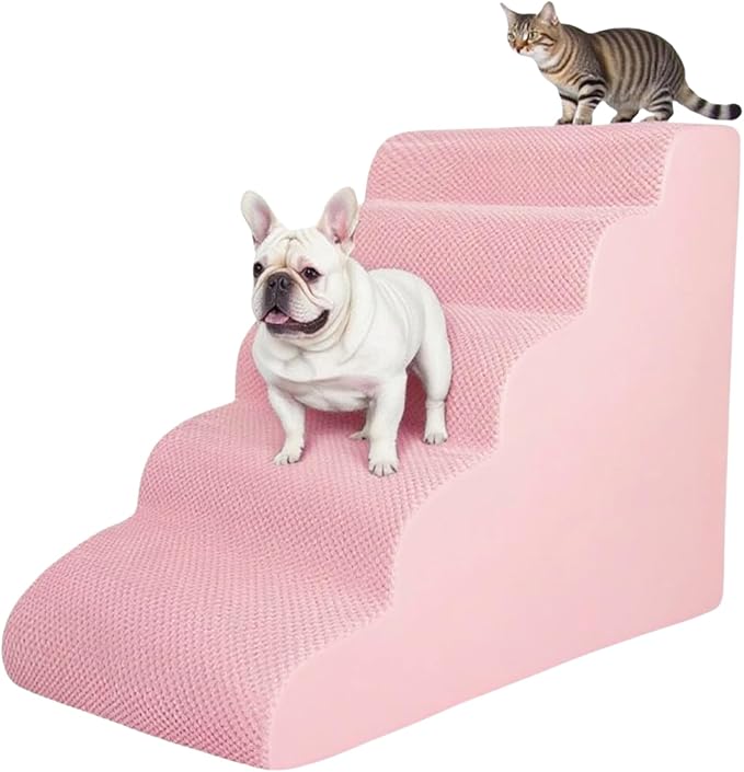 5 Step Pet Stairs Ramp for High Beds Sofas 23-30 Inch with Sturdy Non Slip Waterproof Pads, Machine Washable Cover Indoor Balanced Design for Cats Dogs Small Medium Large XL Pets Pink, Large