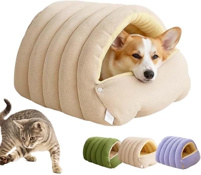 Cat Dog Cave Bed, 2026 New Winter Cave for Dog and Cat, Warm Plush Covered Cat House with Removable Cushion, Soft Sleeping Bed for Indoor Cats (Beige, Large)