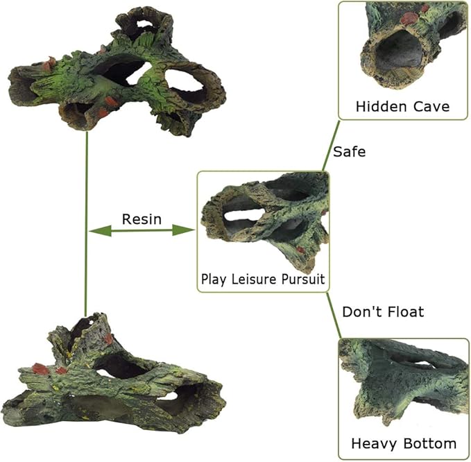 Tfwadmx Decaying Trunk Aquarium Ornament, Betta Fish Hideout - Small Resin Aquarium Decoration Log with Holes & Caves