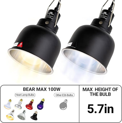 CAVACHEW 2 Pack Reptile Light Fixture, 5.5in Deep Dome Reptile Lamp Fixture, Optical Reflection Cover, Separate Switch & Hook, Terrarium Light Fixture for Reptile Heat Basking UVB Bulbs, 100W, Black