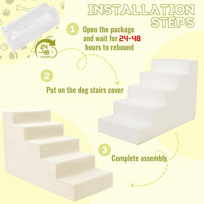 Niubya Dog Stairs for Small Dog and Cats,23”H Non-Slip Bottom Pet Steps for High Beds and Couch,High-Density Foam Pet Stairs White,5 Steps