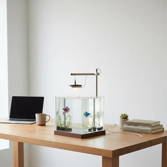 1.8 Gallon Fish Tank with LED Light & Wood Stand - 8 Inch Nano Aquarium Betta Tank Starter Kit - Includes Cleaning Tool, Cloth & Mat for Desktop, Office, Bedroom