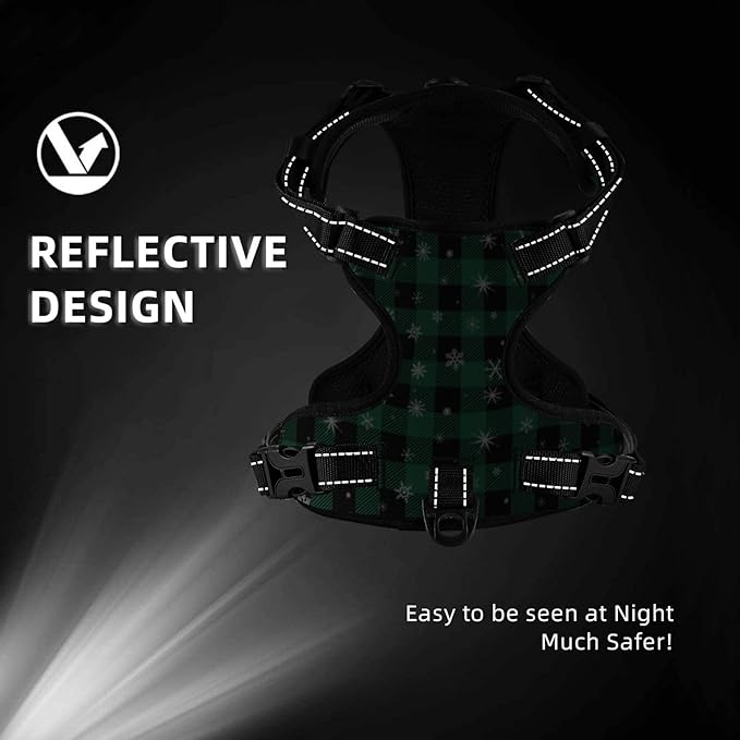 Green Plaid Snowflake Reflective Dog Harness No Pull Soft Vest Harness for Small Medium Large Dog Puppy Pets (Medium Size)
