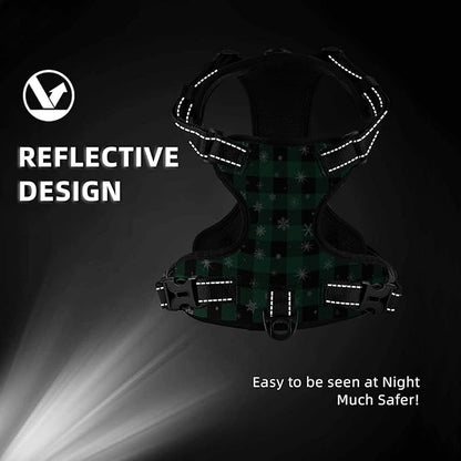 Green Plaid Snowflake Reflective Dog Harness No Pull Soft Vest Harness for Small Medium Large Dog Puppy Pets (Medium Size)