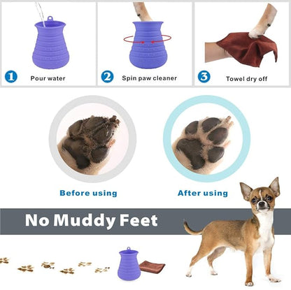 Idepet Dog Paw Cleaner Cup with Towel Pet Foot Washer Protable Dogs Cleaning Brush for Puppy Cats Massage Grooming Dirty Claws (Purple)