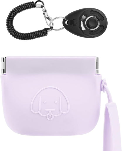 WALLFID Silicone Dog Treat Pouch, Auto Closure, with Pet Training Clicker, Walking Bag for Dog and Cat, Pocket Size, Easy to Clean, Odorless, Travel Walking Bag (Light Purple)
