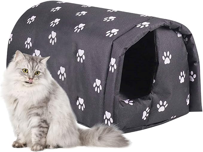 Fhiny Stray Cats Shelter, Waterproof Outdoor Cat House Foldable Warm Pet Cave for Winter Wild Animal Tent Bed Anti-Slip Kitten Cave for Feral Cat Dog Puppy Weatherproof Black (M:17.7"×15.7"×13.7")