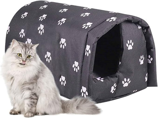 Fhiny Stray Cats Shelter, Waterproof Outdoor Cat House Foldable Warm Pet Cave for Winter Wild Animal Tent Bed Anti-Slip Kitten Cave for Feral Cat Dog Puppy Weatherproof Black (M:17.7"×15.7"×13.7")