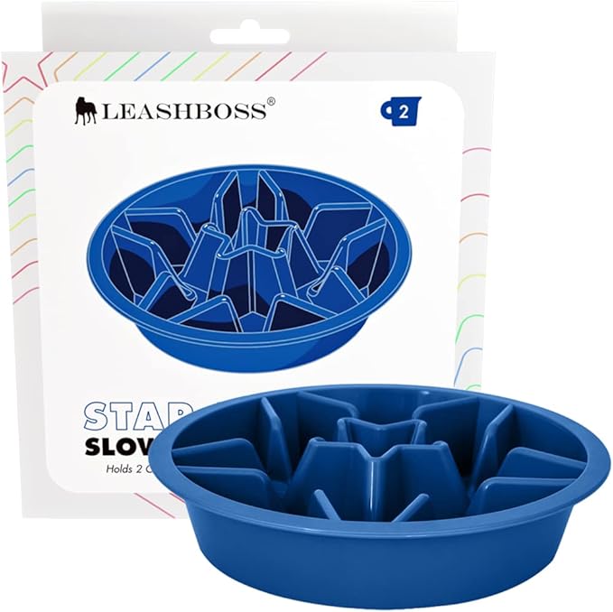 Leash Boss Slow Feeder Dog Bowls - 2 Cup, Puzzle Dog Food Bowl with Feeder Holes, Fits into Elevated Pet Feeders, Slow Eating for Large, Medium & Small Sized Breeds, Blue