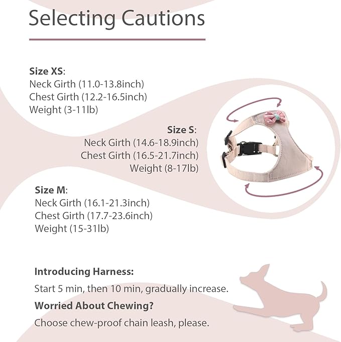 Small Dog Harness with Leash and Bow Tie, Cute Breathable Puppy Harness Easy for Walking, No Pull No Choke Escape Proof Pet Harness, Sakura Pink S