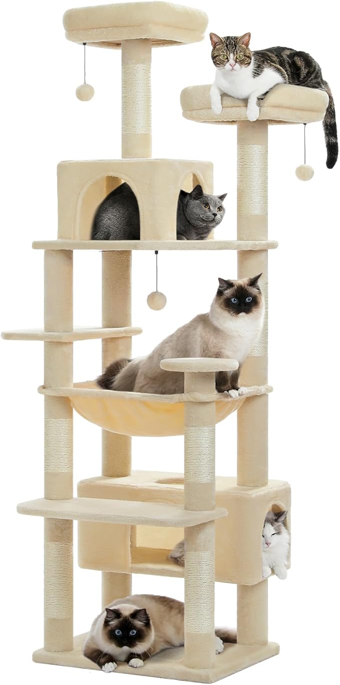 PAWZ Road Large Cat Tree, 72 Inches Cat Tower for Large Cats, Cat Condo with Sisal-Covered Scratching Posts and Pads, 2 Padded Perch, Dual Condo and Basket for Indoor Cats-Beige