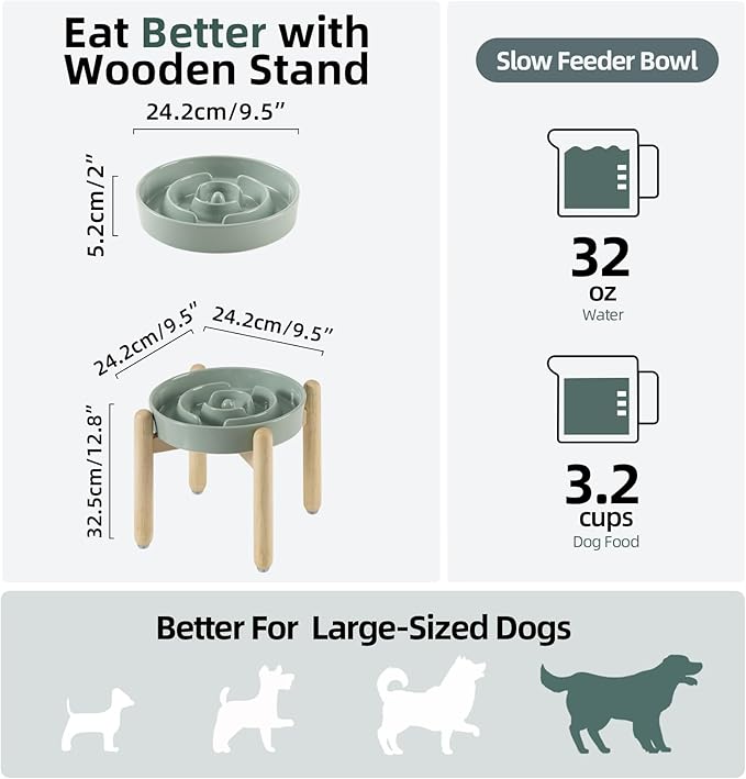 Ceramic 3.2 Cup Raised Slow Feeder Dog Bowl Set, Elevated Bowl with Wooden Stand for Large Dog, 9.5inch Puzzle Slow Pet Food Dish, Anti-Gulping(Light Green, Single Bowl+ Stand)