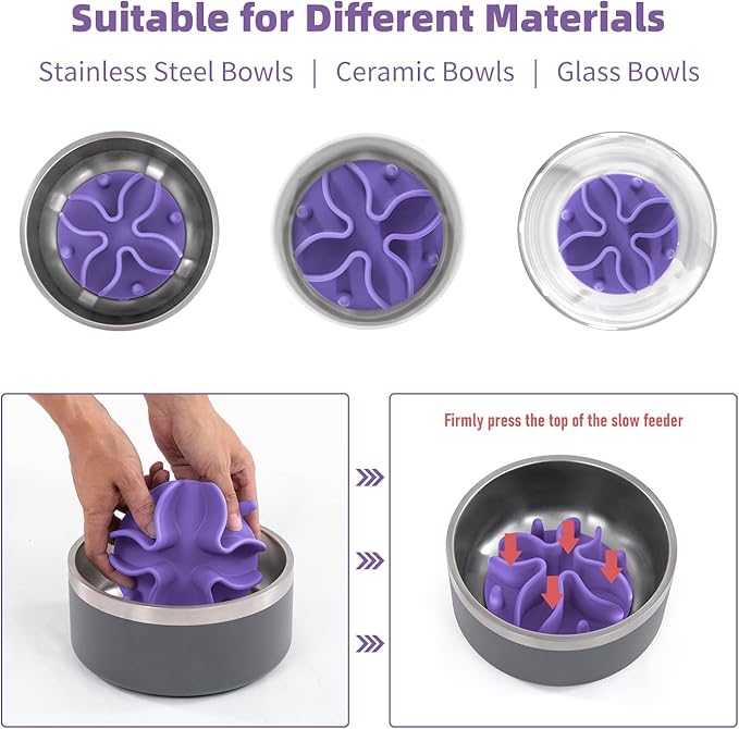 Jaoul Slow Feeder Dog Bowls Insert, Puzzle Slow Feeder with 51 Octopus Suction Cups for Medium Large Size Dog Bowls Over 6.5" Wide (Purple)