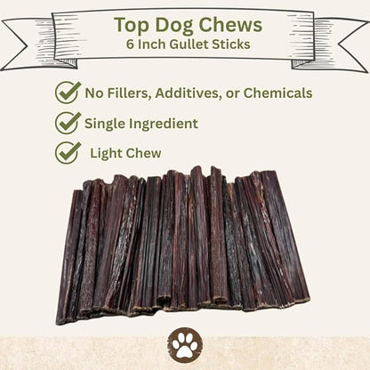 Top Dog Chews 6 Inch Gullet Sticks-25 Pack - All Natural, Single Ingredient, Thin, Hollow Esophagus Stick, Rawhide Alternative Dog Treat - Promotes Joint & Dental Health