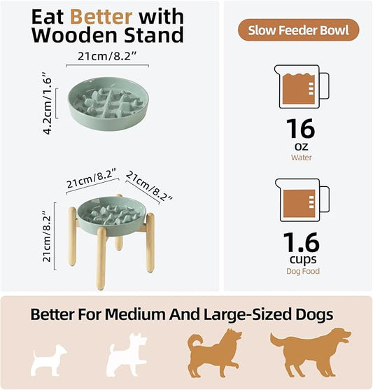 Ceramic 1.6 Cup Dog Raised Slow Feeder Set, Elevated Bowl with Wooden Stand for Medium and Large Dog, 8.2inch Slow Feeder Dish for Fast Easters, Anti-Gulping(Light Green, Single Bowl+ Stand)