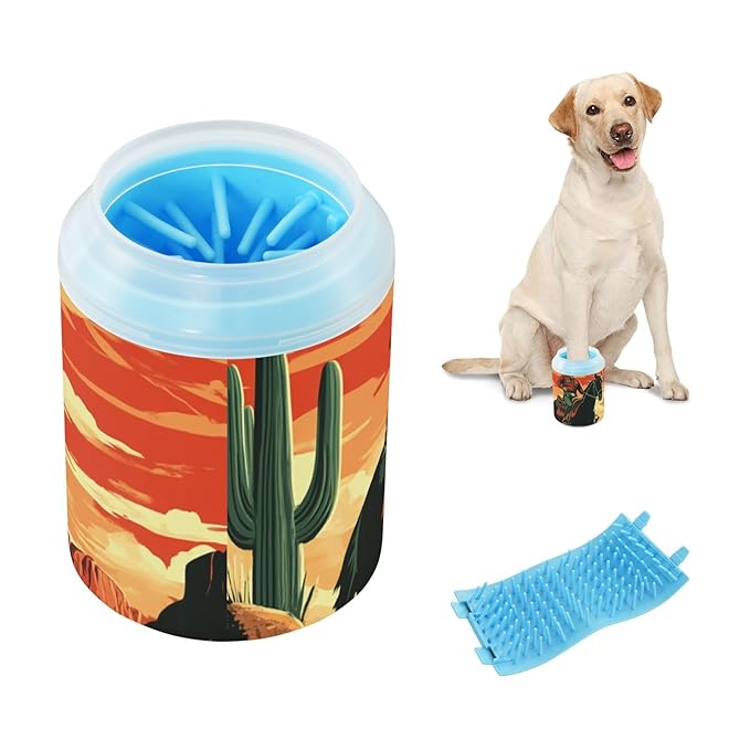Dog Paw Cleaner Cups for Dogs Pets Foot Washer Paw Scrubber for Medium Small Dogs Cats Cleaning Cup Orange Sky Cowboy Cactus