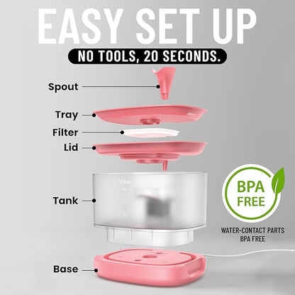 Veken Cat Water Fountain with Detachable Tank, Easy to Clean & Assemble, 84oz/2.5L Automatic Pet Drinking Dispenser with Quiet Operation & LED Light for Cats, Dogs and Small Pets, Red