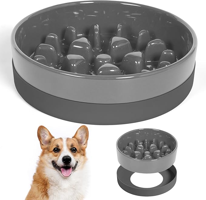 Sted Ceramic Slow Feeder Dog Bowls with Silicone Base, Slow Feeding Dog Bowl Small Medium Breed, Dog Food Bowls for Fast Eaters, Slow Down Eating, Puzzle Dog Food Bowl, Maze Grey