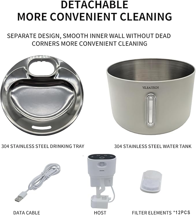 Wireless Cat Water Fountain Stainless Steel, 135oz/4L Cat Fountain, Battery Operated, Cordless Pet Water Fountain for Cats & Dogs with Motion Sensor, Ultra Quiet Pump, 12 Filters (White, 4L)