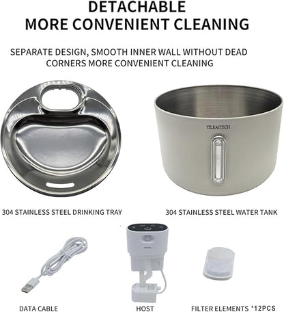 Wireless Cat Water Fountain Stainless Steel, 135oz/4L Cat Fountain, Battery Operated, Cordless Pet Water Fountain for Cats & Dogs with Motion Sensor, Ultra Quiet Pump, 12 Filters (White, 4L)