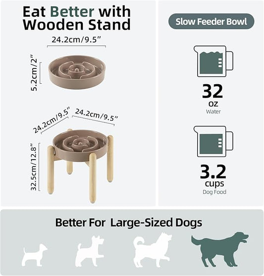 Ceramic 3.2 Cup Raised Slow Feeder Dog Bowl Set, Elevated Bowl with Wooden Stand for Large Dog, 9.5inch Puzzle Slow Pet Food Dish, Anti-Gulping(Brown Coffee, Single Bowl+ Stand)