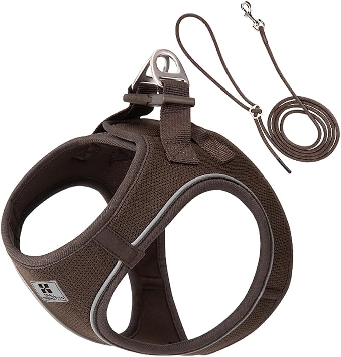 Adjustable Dog Harness with Leash, Reflective Mesh, No-Pull Design，Matching Lead Rope (Brown, XXS)