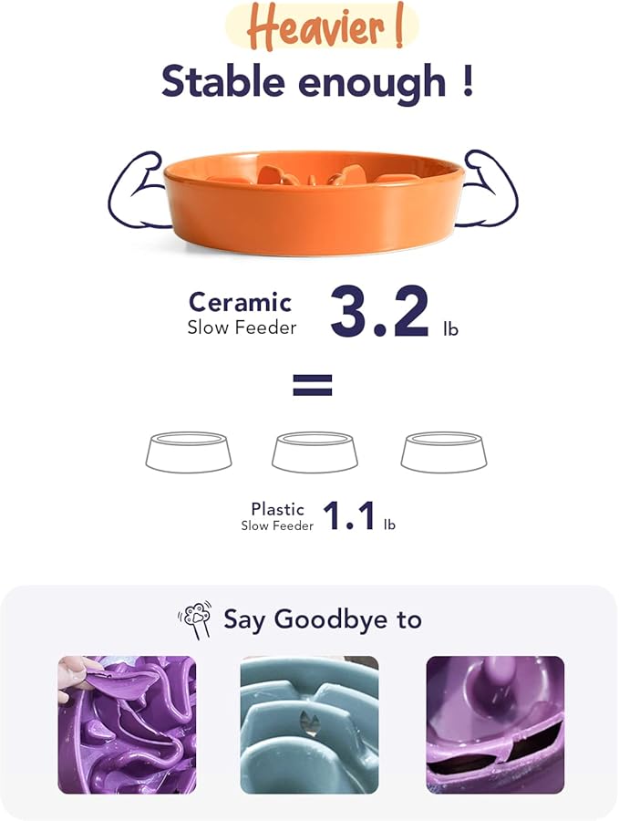 LE TAUCI Ceramic Slow Feeder Puzzle Bowl Elevated 1.5 Cup with Wooden Stand for Small & Medium Dog, Fast Eater Food Bowl Sun Orange