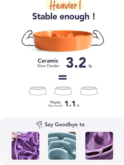 LE TAUCI Ceramic Slow Feeder Puzzle Bowl Elevated 1.5 Cup with Wooden Stand for Small & Medium Dog, Fast Eater Food Bowl Sun Orange