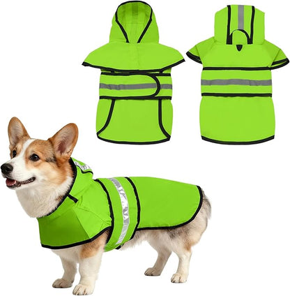 Dog Raincoat, Dog Rain Jacket Waterproof Jacket Reflective Adjustable Hooded Pet Rain Coat with Leash Hole, (Fluorescent Green, L), Intended for Large Medium Small Puppies