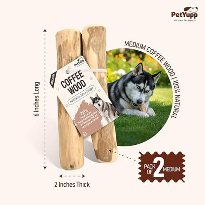Natural Coffee Wood Dog Chew Medium, 2 Count - Promotes Dental Health, Reduces Tartar & Chewing Exercise for Aggressive Chewers, Small, Medium & Large Dogs - Safe Chew Toy for Puppy
