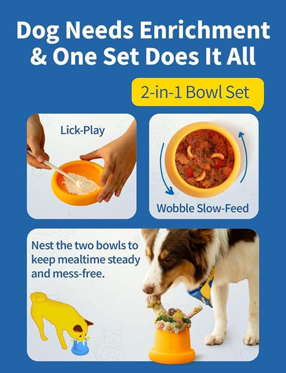 2-in-1 Enrichment Bowls for Dogs – Durable Dog Food Wobble Bowl Slow Feeder & Licking Mat Bowl Set, Food-Grade TPU Dog Enrichment Toys, Dishwasher Safe Licking Toy