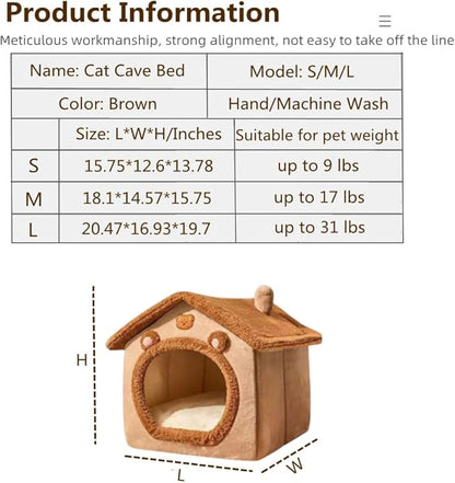 Cat Bed for Indoor Cats,Cozy Cat Cave Bed Cat House Cat Tent with Removable Cushion Pillow,Soft Warm Pet House Puppy Bed,Cute Bear Pet Nest for Cat Kitten Small Dogs (Brown, S-15.8x12.6x13.8 Inches)