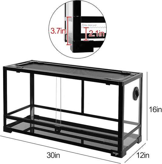 WACOOL TERRA Large Reptile Tank 25 Gallon, 360°Full Vision Glass Reptile Terrarium with Top Mesh Lid for Beaded Dragon Lizard Gecko Snake Hermit Crab Use, 30"(W) X 12"(D) X 16"（H）
