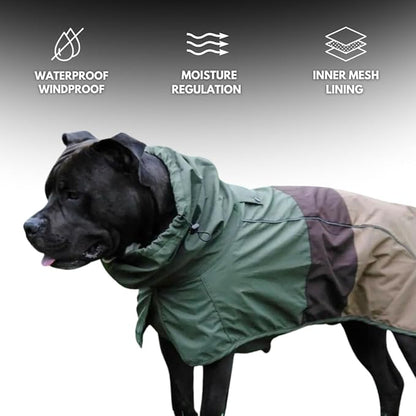 Spark Paws Dog Raincoat, Waterproof Windproof Rain Jacket, for Small Medium Large Extra Large Dogs, Reflective Breathable Full-Body Coverage Dry Suit - Green Brown Tan, 3XL