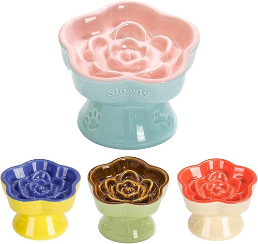S&Q's CERAMICS Raised Slow Feeder Cat Bowl, Ceramic Elevated and Titled Glass Food Bowl Small Dogs Slow Feeder, Flower Shaped Cute Cat Dish for Dry and Wet Food (Pink, 5.8")