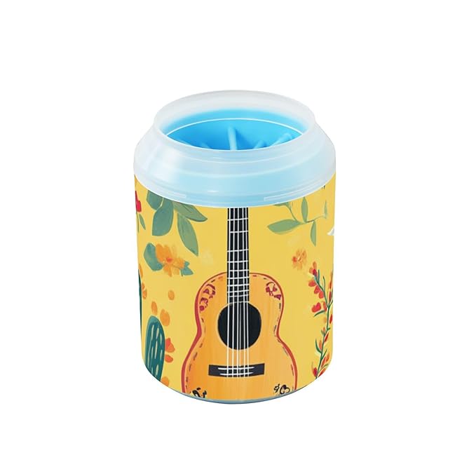 Dog Paw Cleaner Cups for Dogs Pet Foot Washer Paw Scrubber for Medium Small Dogs Cats Cleaning Cup Cute Yellow Fiesta Guitars Cacti and Ethnic Birds