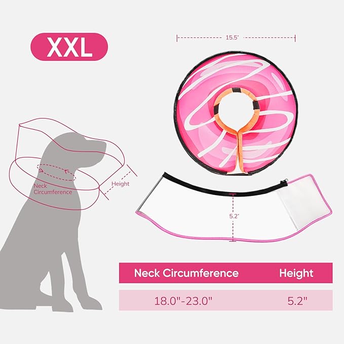 Raised Inflatable Dog Cone After Surgery - Adjustable Recovery Donut Collar with Neck Strap and Removable Anti-Licking Shield - Soft Dog Cone Alternative for Small Medium Large Dogs (DonutPink,XXL)