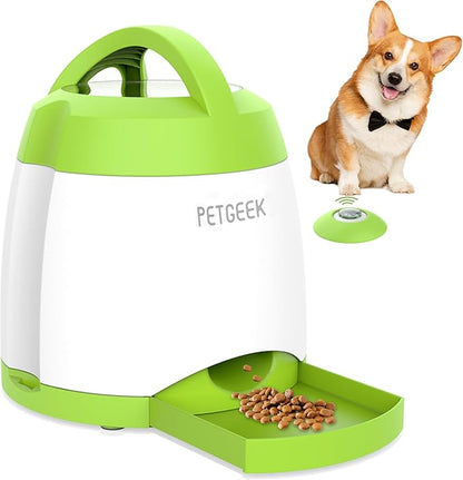 PETGEEK Dog Treat Dispenser with Button, Automatic Dog Feeder with Remote Control and Dual Power Supply, Dogs Puzzle Toys and Interactive Pet Stimulation Toys for Indoor or Outdoor Play(Green)