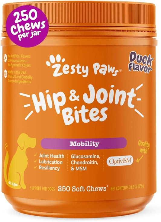 Zesty Paws Hip and Joint for Dogs, Glucosamine for Dogs Hip and Joint Supplement with Chondroitin, MSM, Vitamins C & E - Duck, 250 Count