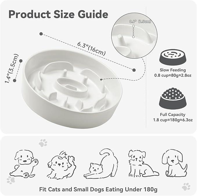 Ceramic Dog Slow Feeder Bowl - Small Dog Food Dish with Maze Puzzle Design - Slow Eating Puzzle Feeder for Pet Feed & Food Control - Whisker-Friendly Bowl for Cat Feeding - 6.3 Inch - 180 g - White