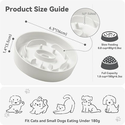 Ceramic Dog Slow Feeder Bowl - Small Dog Food Dish with Maze Puzzle Design - Slow Eating Puzzle Feeder for Pet Feed & Food Control - Whisker-Friendly Bowl for Cat Feeding - 6.3 Inch - 180 g - White