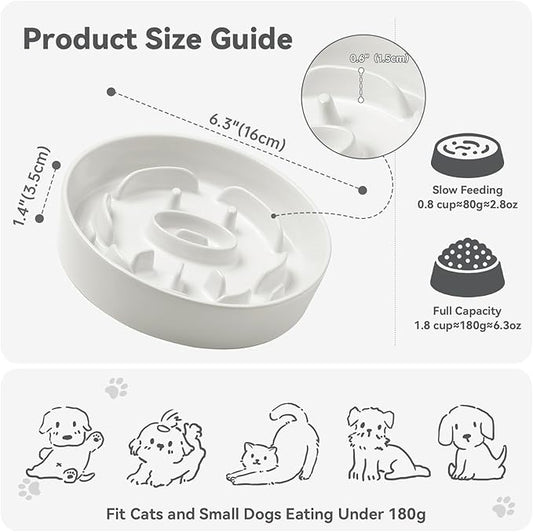 Ceramic Dog Slow Feeder Bowl - Small Dog Food Dish with Maze Puzzle Design - Slow Eating Puzzle Feeder for Pet Feed & Food Control - Whisker-Friendly Bowl for Cat Feeding - 6.3 Inch - 180 g - White