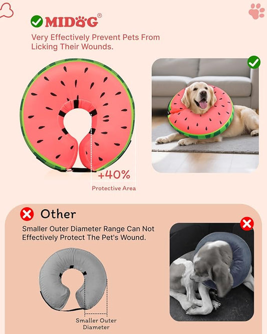 MIDOG Dog Cone Collar for Large Medium Dogs, Soft Inflatable Dog Cone Alternative After Surgery, Adjustable Protective Recovery Cone - Alternative E Collar Does Not Block Vision (Watermelon,M)