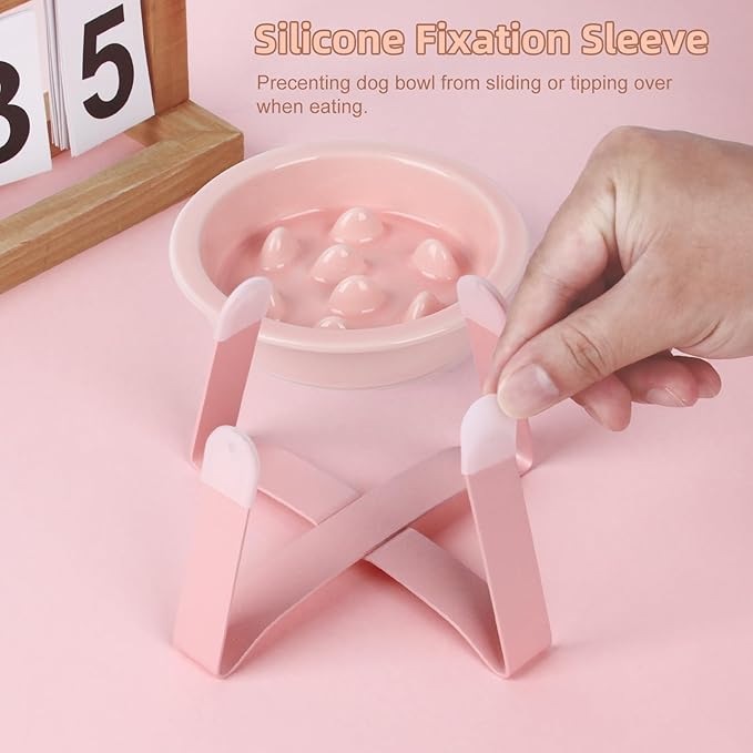 Slow Feeder Cat Bowl, Ceramic Cat Slow Feeder Bowl, Elevated Dog Food Bowl with Metal Stand, Raised Pet Slow Bowls for Dry and Wet Food, 6 Inches, Pink